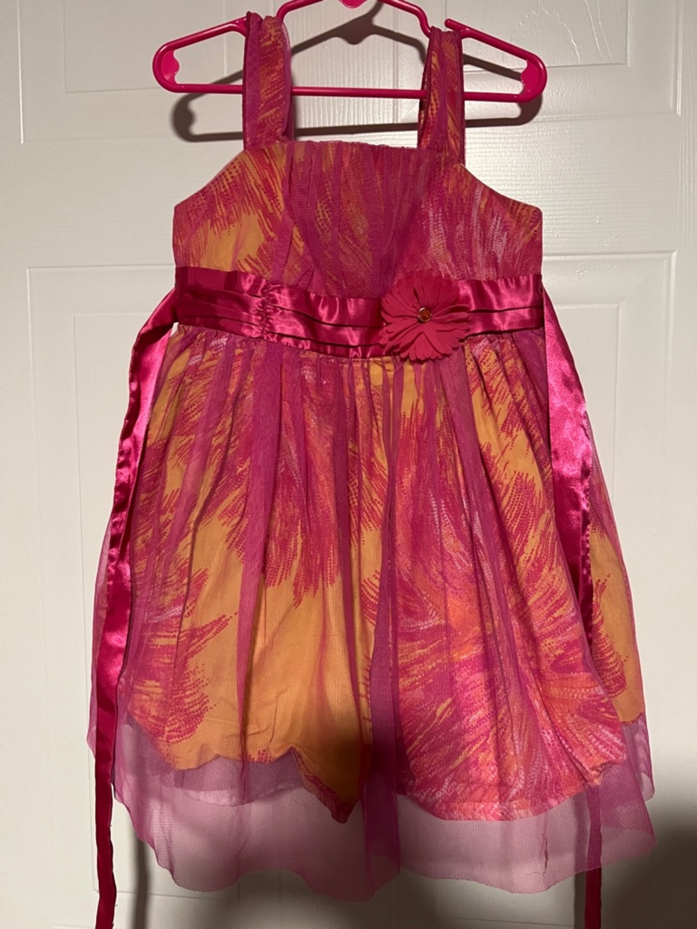 Iz Byer Pink and Orange Floral Satin Sash Party Dress